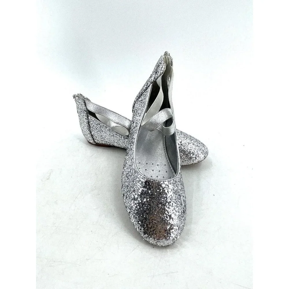 Nova Utopia Round Toe Silver Glitter Dress Flats Ankle Strap Zip Shoes Size 3